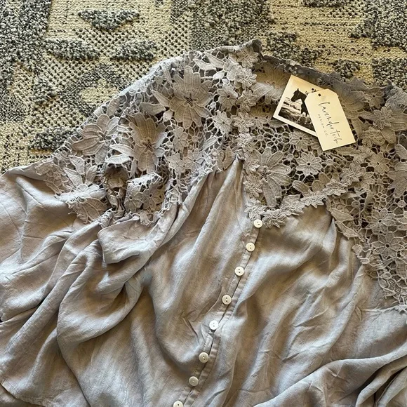 New Boho Grey Lace Festival Button Front Blouse Western Boutique Vintage - Picture 2 of 6